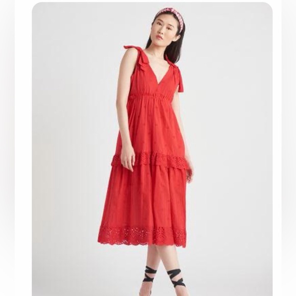 Dex Dresses & Skirts - Dex tiered strap tie eyelet midi dress red size M